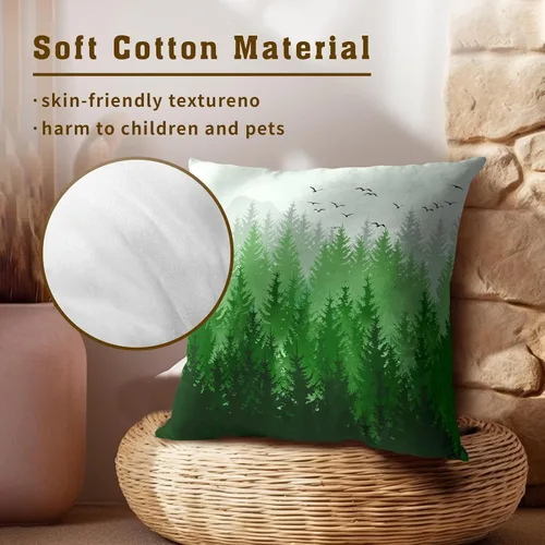 Vista 4 de Juego de 2 fundas de almohada de bosque de abedul, fundas de almohada decorativas de montaña de madera verde oscuro brumoso de 16 x 16 pulgadas