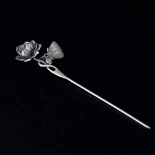 Vista 2 de Hetian Jade Lotus Sterling 925 Horquillas para el pelo hechas a mano con caja de regalo