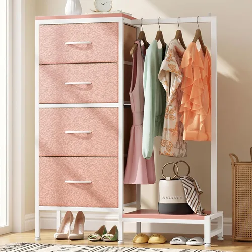 Vista 11 de HIGDBFE Cómoda alta de 44 pulgadas de alto con estante para colgar, cómoda pequeña de 4 cajones para dormitorio, cómoda de tela reversible
