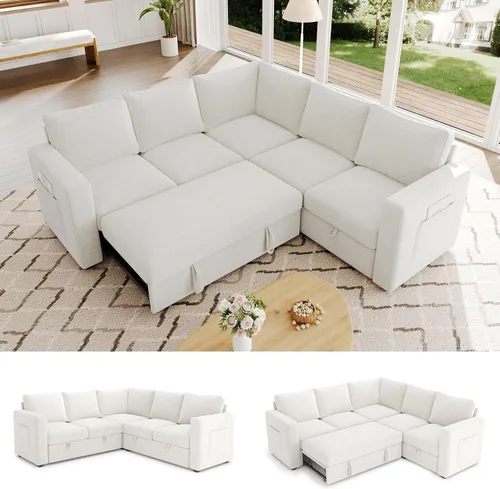 Vista 15 de Sofá Seccional Modular de 85 Pulgadas con Cama Extraíble, Sofá Cama Seccional en Forma de L de 5 Asientos con Almacenamiento, Sofás Seccionales
