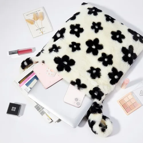 Vista 4 de Bolso de mano peludo y esponjoso, bolso grande y mullido, lindo bolso de felpa con cremallera para mujeres y niñas, bolso de hombro de piel