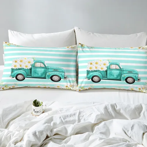 Vista 6 de Homewish Juego de sábanas con diseño de margaritas y flores para niños, juego de sábanas con diseño de rayas de color verde azulado para niños