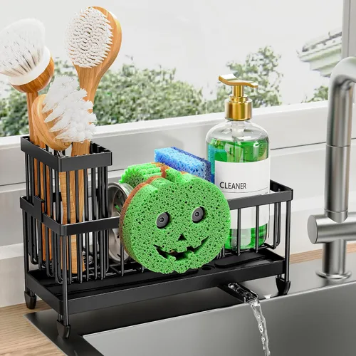 Vista 31 de Cisily Soporte de esponja negro extra grande para fregadero de cocina, organizador de fregadero con soporte alto para cepillos, organizadores