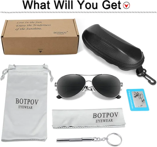 Vista 5 de BOTPOV Gafas de sol de aviador para hombres y mujeres, polarizadas, protección UV400, lente espejada, marco de metal con bisagras de resorte..