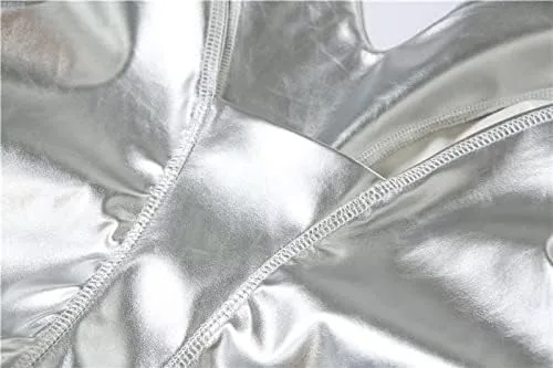 Vista 3 de LROSEY Pantalones metálicos para mujer, hipster, de piel sintética, con cintura en V, apilados, Metálico