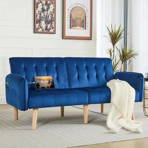 Vista 3 de TYBOATLE Sofá Cama Futón Plegable Convertible Moderno de Terciopelo de 65" de Ancho con 2 Puertos de Carga USB para Espacio de Vida Compacto, Sofás