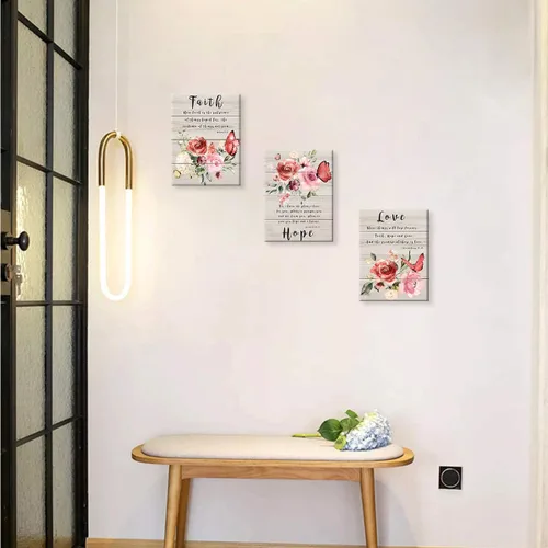 Vista 4 de Arte de pared para dormitorio, fotos de pared de mariposas, pinturas florales, citas de fe, esperanza, amor, arte de pared inspirador, acuarela, Rosa
