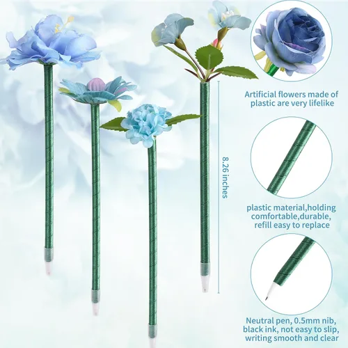 Vista 5 de Leery Bolígrafos de flores para adultos – Juego de 16 bolígrafos mezclados con rosas azules, elegante accesorio de escritorio y regalo para ella