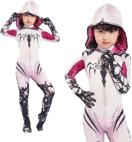 Vista 6 de LG LOUIS GARDEN Disfraz de araña para niños, estilo 3D, traje de araña blanca, overol con máscara para fiesta de Halloween, cosplay, traje para niñas