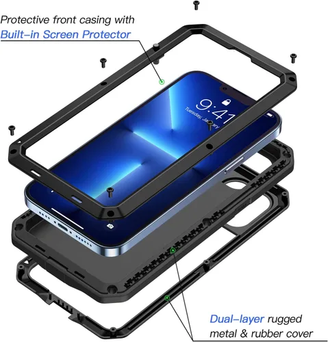 Vista 2 de Lanhiem Funda metálica para iPhone 13 Pro, resistente a los golpes, con protector de pantalla de vidrio integrado, funda protectora de cuerpo Negro