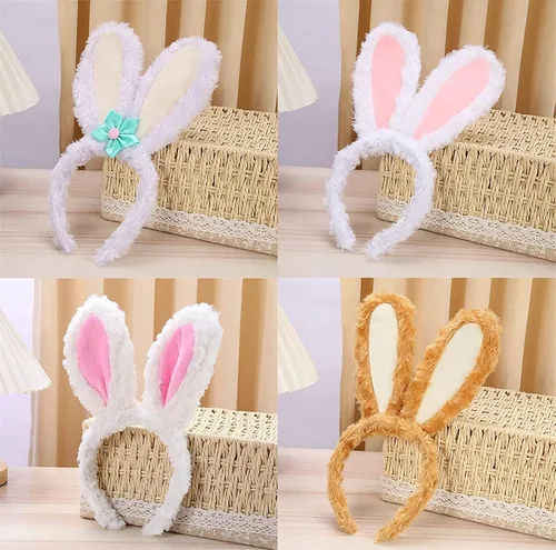 Vista 4 de JOYVIP Diadema de orejas de conejo de Pascua con orejas de conejo de peluche para fiesta de cosplay