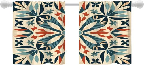 Vista 164 de Shrahala Beige and Orange Abstract Art Brushstrokes Blackout Curtain Tiers, Abstract Oil Paint Kitchen Valance Light Blocking Tier Drapes with Rod