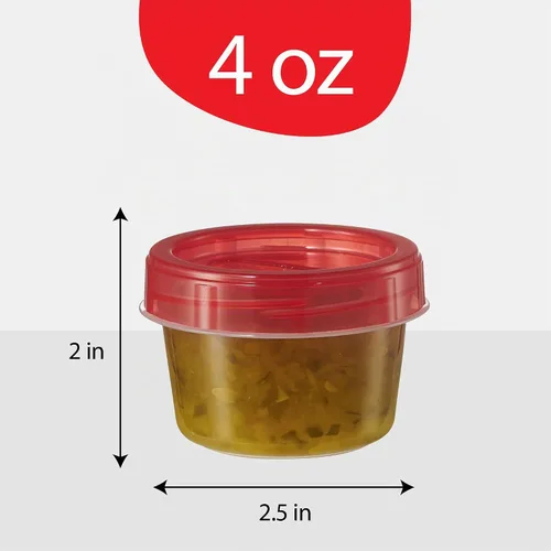 Vista 4 de PLASTICPRO Paquete de 6 recipientes de almacenamiento de alimentos con tapa giratoria con rosca roja, recipientes reutilizables de 4 onzas