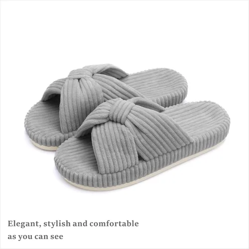 Vista 6 de Chantomoo Pantuflas para mujer, de espuma viscoelástica, para el dormitorio, con lazo de pana, con bandas cruzadas, cómodas, modernas, para regalo