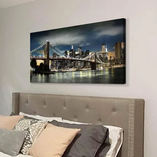 Vista 3 de Brooklyn Bridge - Lienzo decorativo para pared, luces y reflejos de horizontes en Nueva York