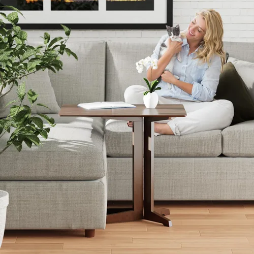 Vista 2 de Mesa de bambú en forma de C con ruedas - Escritorio multifuncional para sofá y laptop, bandeja decorativa para sala de estar y dormitorio, mesa