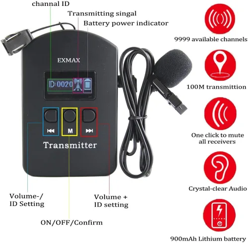Vista 8 de EXMAX EXD-6824 2.4GHz Audio inalámbrico Guía turística Sistemas de auriculares hasta 1-150M Rango de transmisión para Conferencia Iglesia Viajes