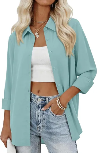 Vista 8 de siliteelon Camisas con botones para mujer, camisas de vestir sólidas, de manga larga, cuello fluido, para trabajo, oficina, negocios, blusas de gasa