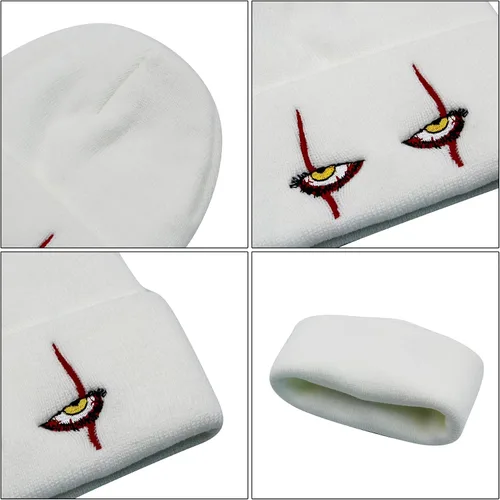 Vista 7 de Suillty Gorro unisex de punto acrílico de invierno con bordado de ojos aterradores gorros de invierno cálidos de Halloween para adultos y niños