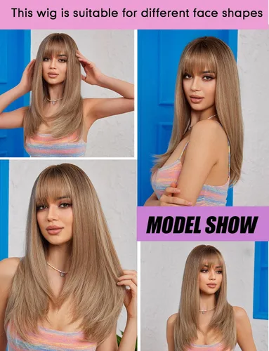 Vista 6 de Pelucas rubias cenizas para mujer, peluca larga recta en capas con flequillo, cabello sintético natural con raíces oscuras