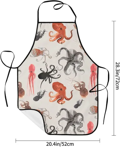 Vista 6 de BREAUX Color Octopus Print Apron, Apron With Pockets, Adjustable Bib Apron, Chef'S Apron, Bbq Apron, White
