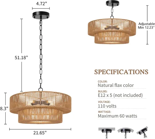 Vista 6 de LamQee Candelabros de Ratán Estilo Granja de 22 Pulgadas, Lámpara de Araña Boho de 5 Luces con Pantalla de Mimbre Tejida a Mano, Luces Colgantes
