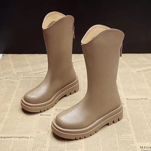 Vista 2 de Botas de pantorrilla ancha para mujer, suela gruesa de trabajo vaquera con cremallera trasera, estilo británico