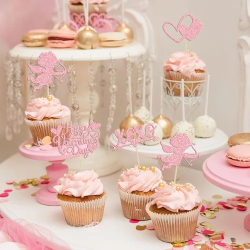 Vista 12 de Ephlyn 24 adornos para cupcakes con purpurina para el día de San Valentín, dulce amor, corazón, día de San Valentín, decoración para cupcakes