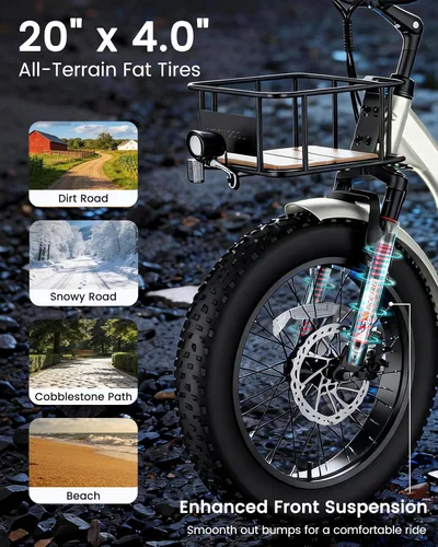 Vista 5 de MOONCOOL Triciclo eléctrico para adultos, 20 x 4 pulgadas, triciclo eléctrico con neumáticos gruesos, bicicleta eléctrica de 3 ruedas de 48 V, 500