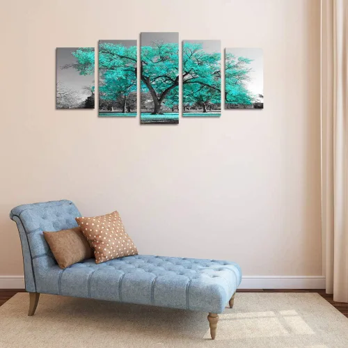 Vista 4 de Visual Art Decor Arte de pared de árbol turquesa, decoración turquesa para sala de estar, pintura de árbol, decoración de pared verde azulado