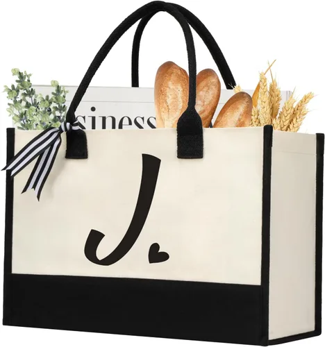 Vista 9 de shenee Initial Canvas Tote Bag, Personalized Beach Bags Gift for Women