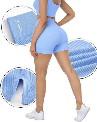 Vista 2 de LZYVOO Pantalones cortos de entrenamiento de 4 piezas para mujer, cintura alta, acanalados, sin costuras, pantalones cortos de ciclismo de elastano