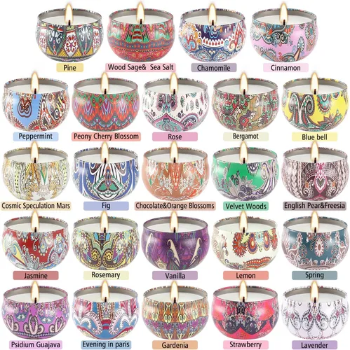 Vista 2 de Set de regalos de velas perfumadas de 24 piezas, velas de Adviento de cera de soja en lata de viaje para el hogar, velas en frasco de 2.5 oz