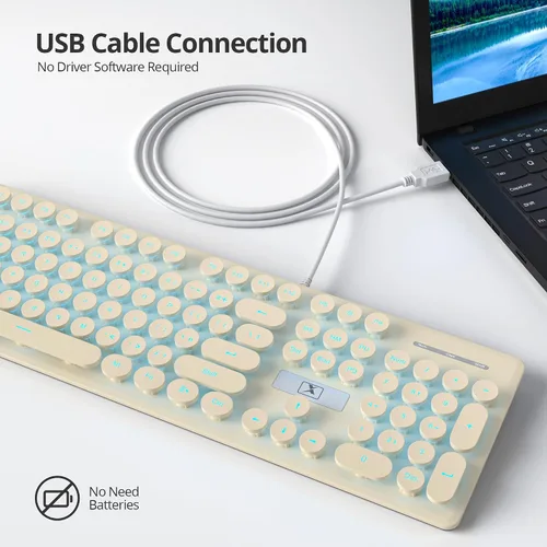 Vista 2 de surmen Bonito teclado silencioso con cable retro con cable, teclados suaves de tamaño completo con bloc de números, teclas redondas, USB Beige