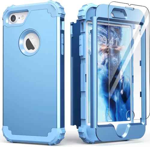 Vista 31 de IDweel Funda para iPhone 8 con Protector de Pantalla de Vidrio Templado, para iPhone 7, 3 en 1, Resistente a Golpes, Delgada, Híbrida, de Servicio