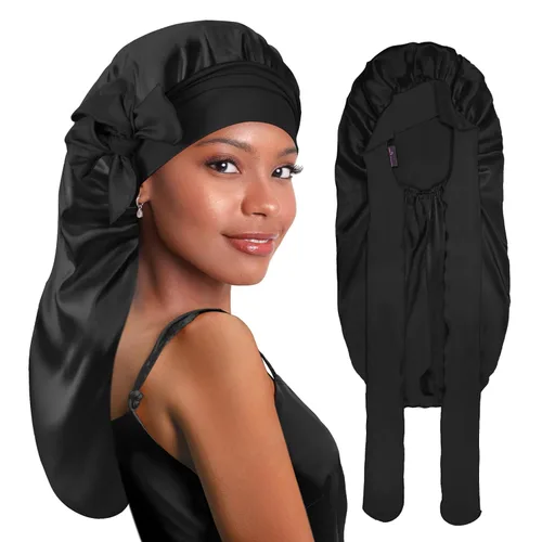 Vista 19 de BONNET QUEEN Gorro de Trenza de Seda Gorro Plegable Extra Largo para Trenzas con Banda de Atar, Capó de Satén Largo para Dormir, Verde Oscuro