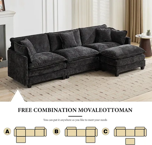 Vista 320 de Sofá seccional modular verde de 111.5", sofás seccionales grandes de 3 plazas para sala de estar, sofá nube oversized de tela chenille con otomana