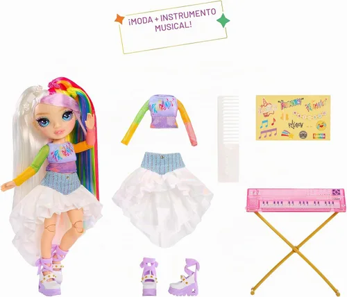 Vista 2 de Rainbow High Jr High Rock Band - Amaya, muñeca de moda arcoíris de 9 pulgadas con teclado, personalizable con calcomanías, posable, gran regalo