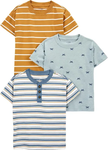 Vista 7 de Simple Joys por Carter's - Paquete de 3 camisetas de manga corta para niños pequeños Azul jaspeado/Gris jaspeado puntos/rayas azul marino