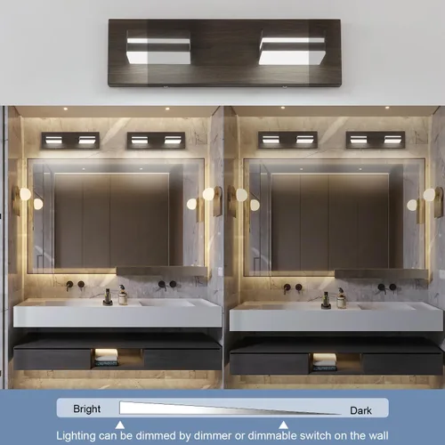 Vista 3 de SineRise Moderna lámpara LED para tocador de baño (2 luces, 15.5 pulgadas, regulable), madera marrón, pintada de acrílico, moderna lámpara de pared
