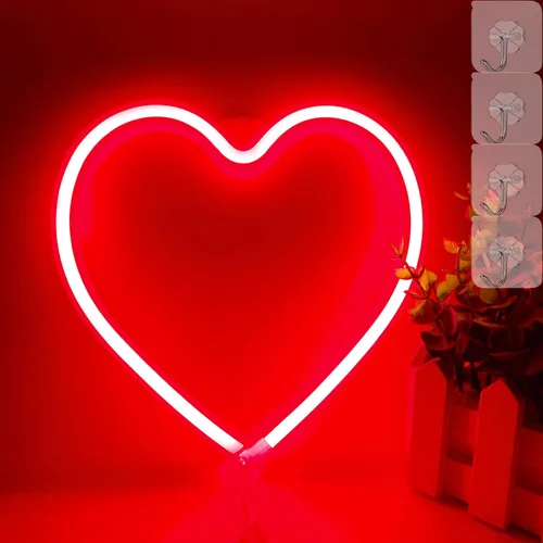 Vista 6 de Letrero de corazón de neón, luz LED roja para dormitorio, lámpara colgante para decoración de pared, funciona con USB