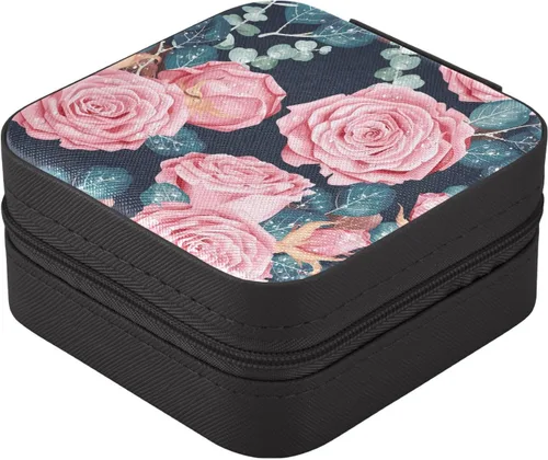 Vista 3 de GUIJI Pink Roses PU Leather Jewelry Organizer, Portable Small Jewelry Box Travel Jewelry Case Earrings Necklace Bracelet Rings for Women Girls