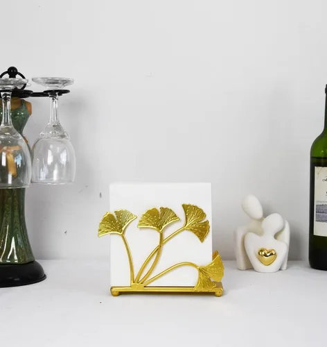 Vista 2 de Owlgift Servilletero moderno de hoja de ginkgo dorado pintado – Servilletero de papel decorativo de hierro de primera calidad de 6.7 pulgadas