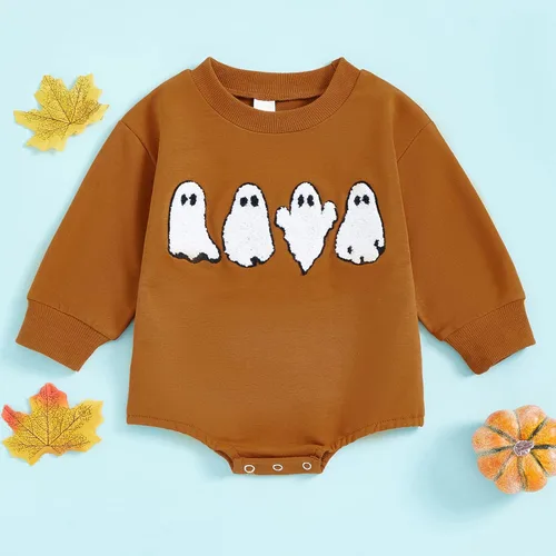 Vista 2 de Thorn Tree Sudadera de manga larga de Halloween para bebé, niño, niña, suéter de gran tamaño, cuello redondo, ropa de otoño e invierno Marrón 4