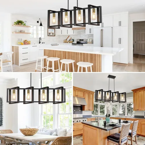 Vista 5 de Lámpara de comedor de 4 luces, lámpara de madera de granja de 53 pulgadas, iluminación de isla de cocina, sobre mesa, moderna lámpara colgante