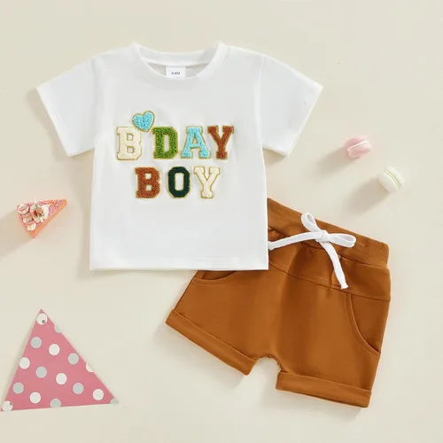 Vista 2 de CREAIRY Conjunto de 2 piezas de camiseta de manga corta para bebé, niño, niña, cumpleaños, camiseta de manga corta, pantalones deportivos