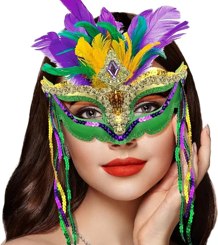 Vista 3 de Máscara de Mardi Gras con plumas para disfraces de mascarada