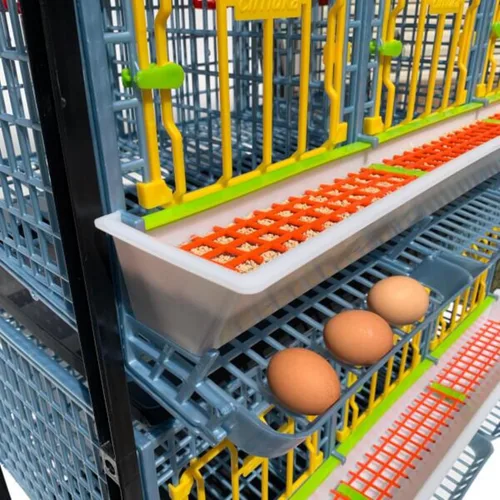 Vista 5 de Jaula para pollos – 2 capas de 15 pulgadas con rodillos de huevo, bebedor automático, alimentador inteligente, bandeja de estiércol, apilable