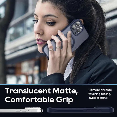 Vista 7 de Funda magnética para iPhone 15 Pro Max con soporte, soporte de anillo invisible con protector de pantalla compatible con MagSafe Slim esmerilado Azul