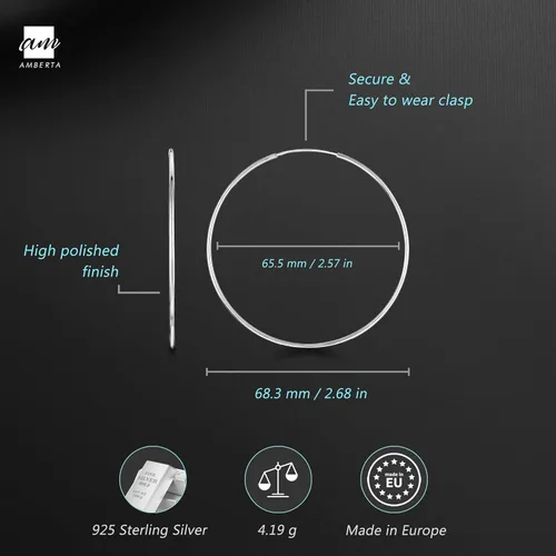 Vista 9 de Amberta® Aretes de plata de ley 925 con círculos finos y sin fin. Tamaño del diámetro: 20 30 40 60 2.953 in
